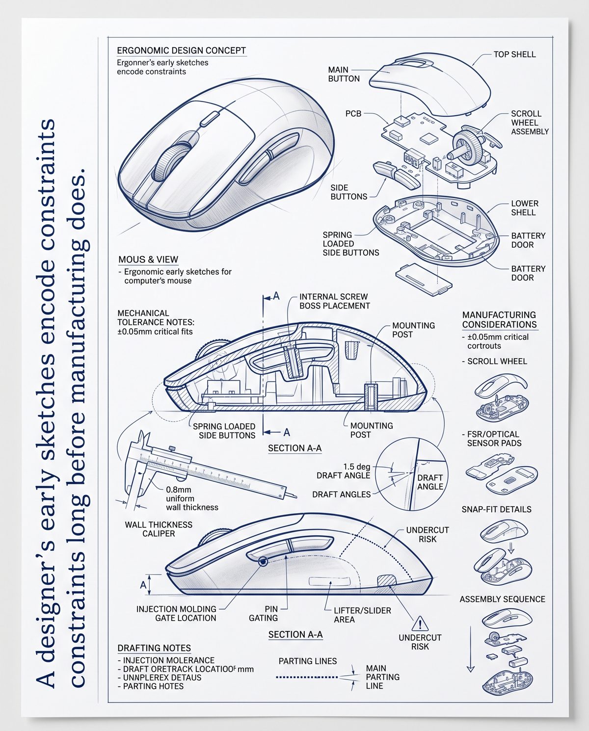Industrial-design technical sketches of a computer mouse, with mechanical tolerance notes, draft angles and wall thickness, in engineering-drawing style