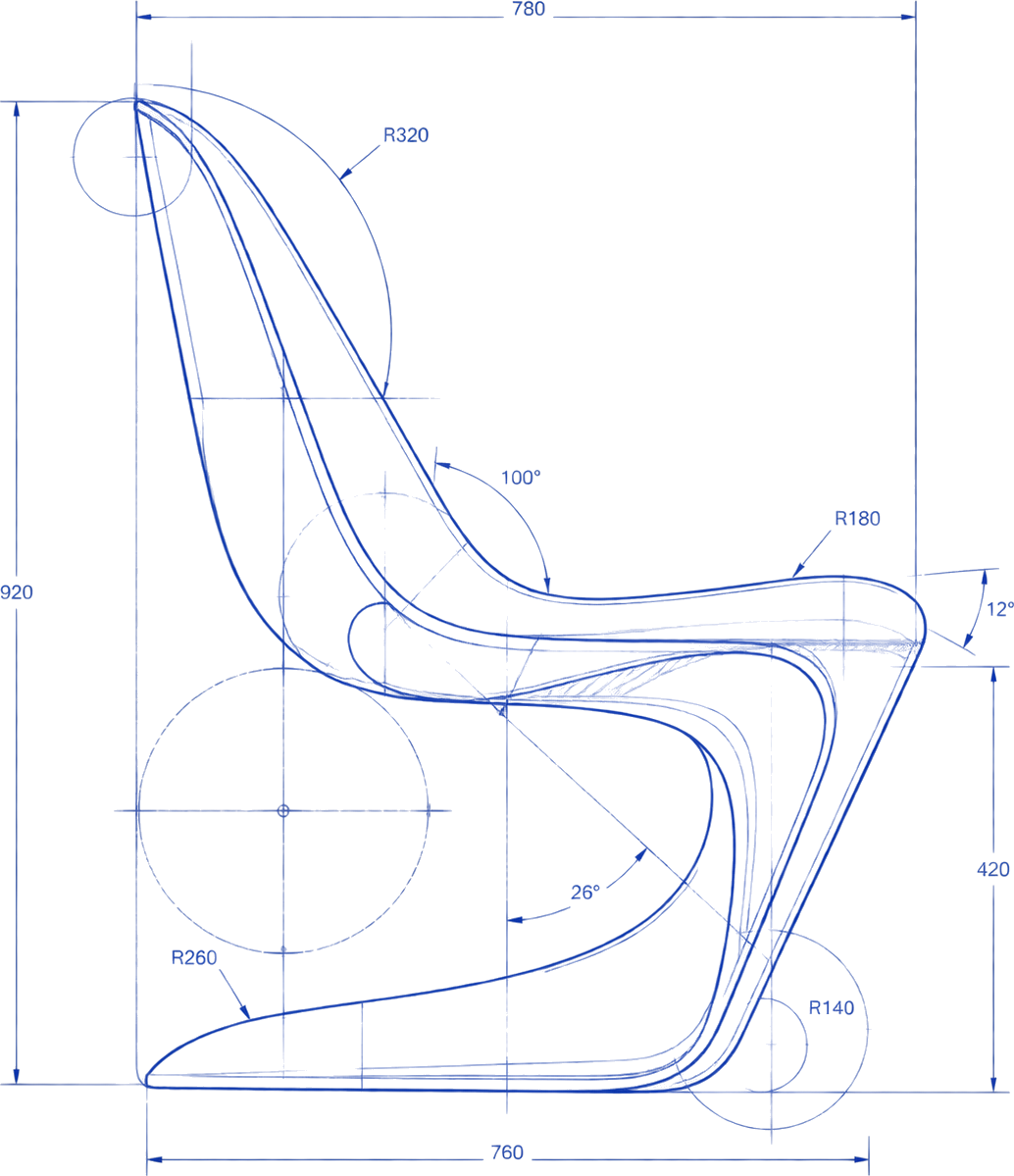 Technical drawing of a moulded chair with dimensions and radii