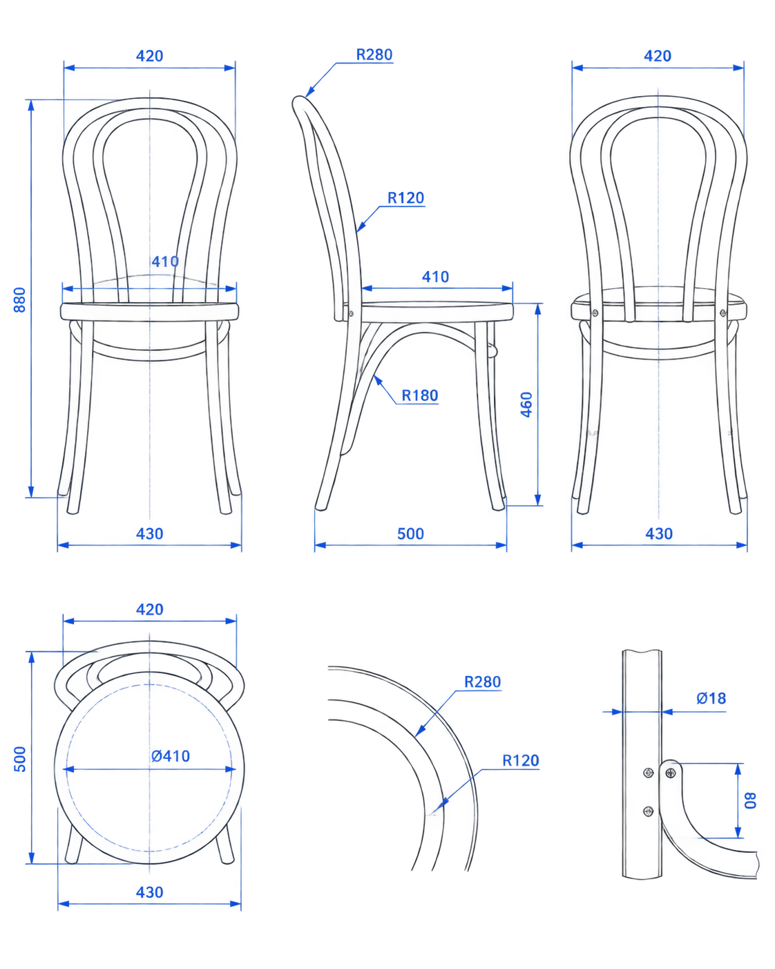 Technical blueprint of a chair with dimensions and radii, transparent background, fully visible without cropping