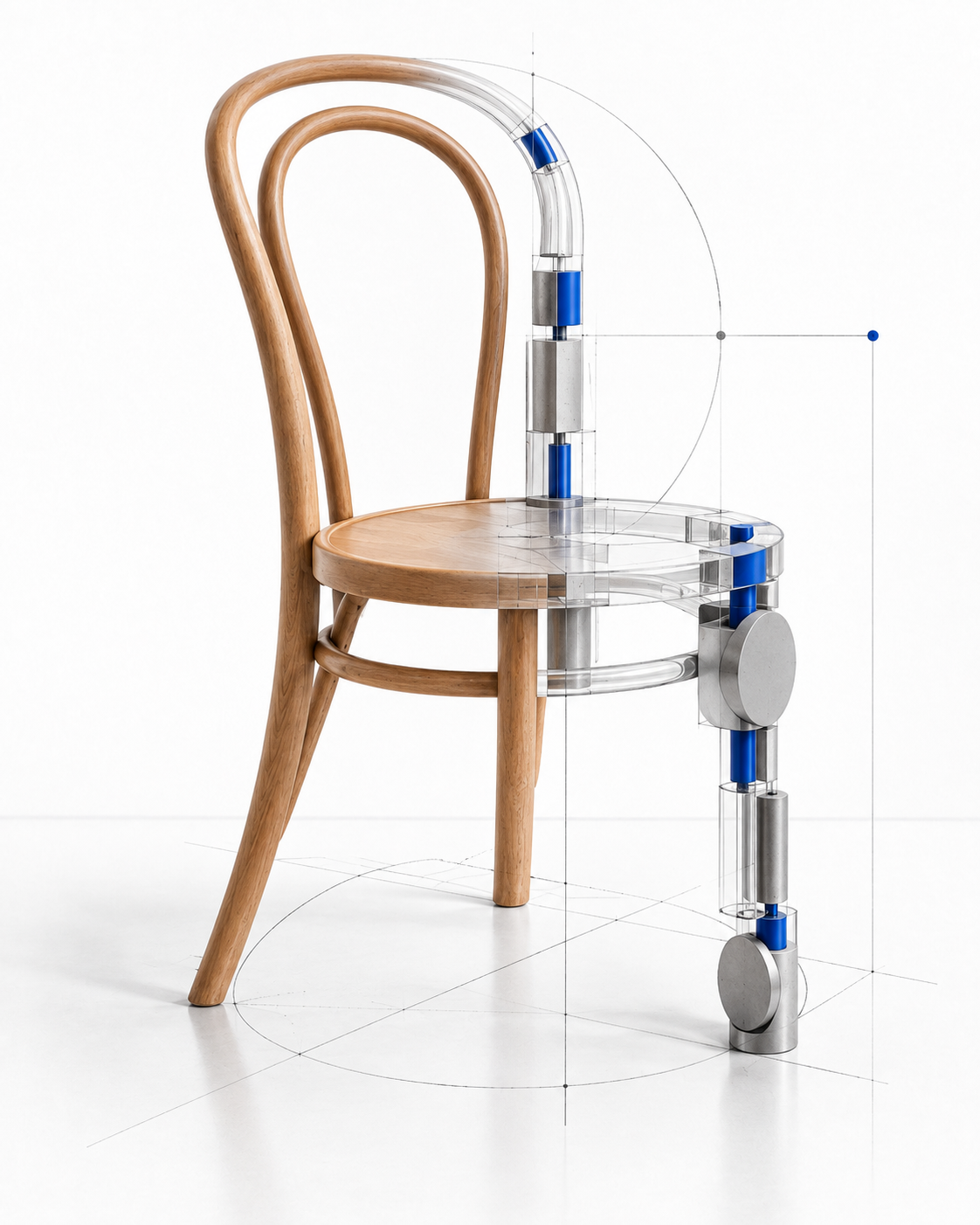 A bentwood chair gradually transforming into a modular digital-product artifact