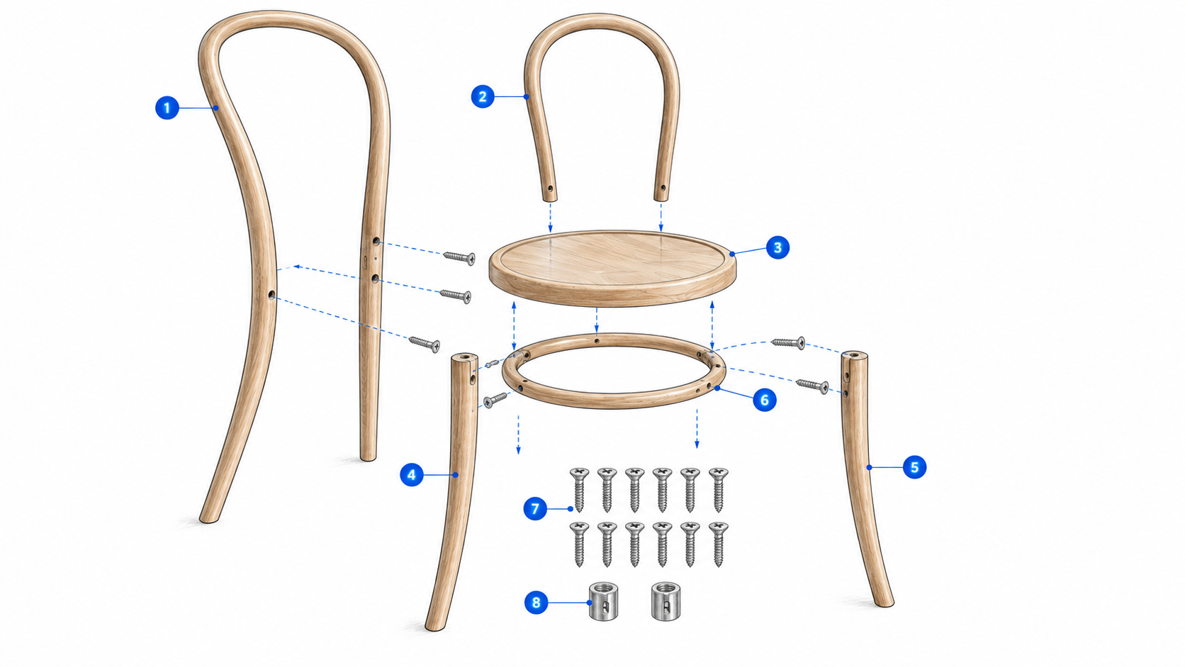 Technical exploded view of the Thonet No. 14 chair showing its six bentwood pieces and hardware