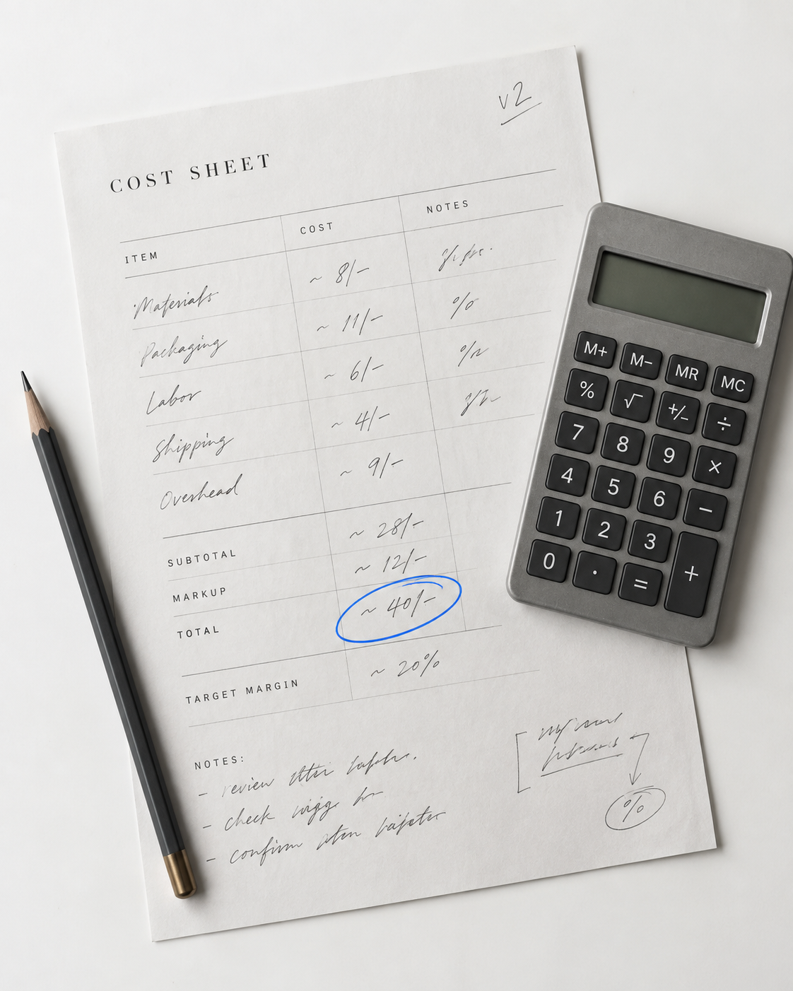 A cost worksheet and calculator on a white desk with handwritten margin notes