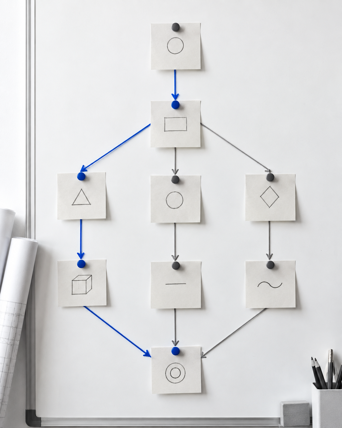 A whiteboard with sticky notes connected by lines showing task dependencies