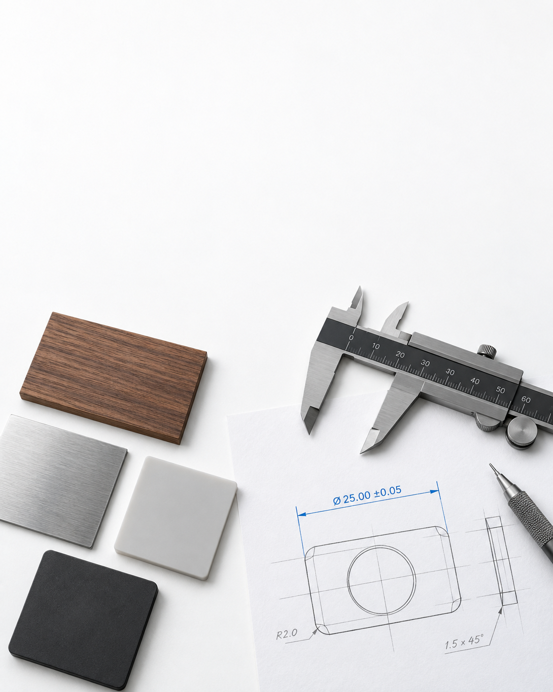 Industrial material swatches and handwritten tolerance notes on a design desk