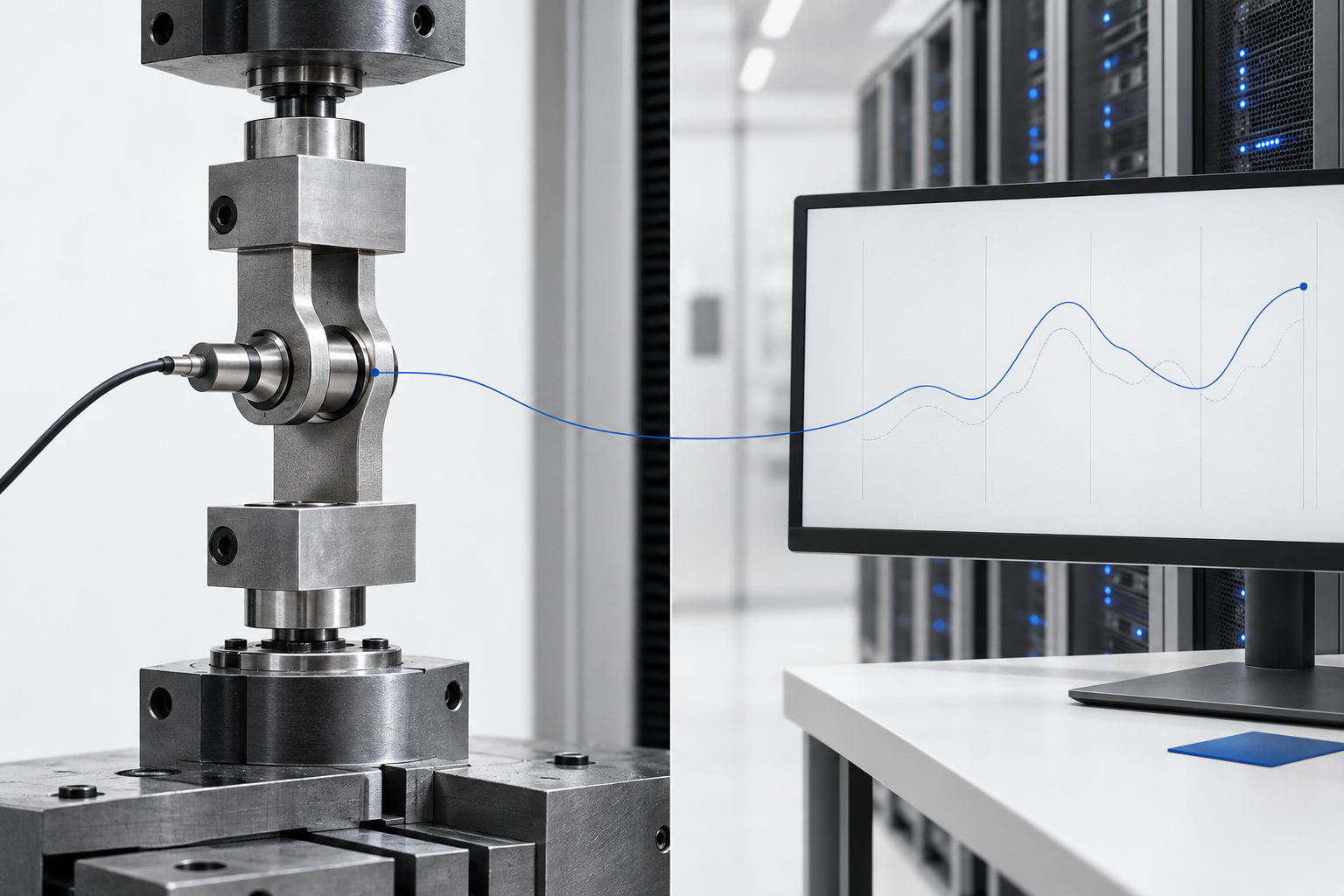 A mechanical hinge under load-testing beside a server traffic monitor