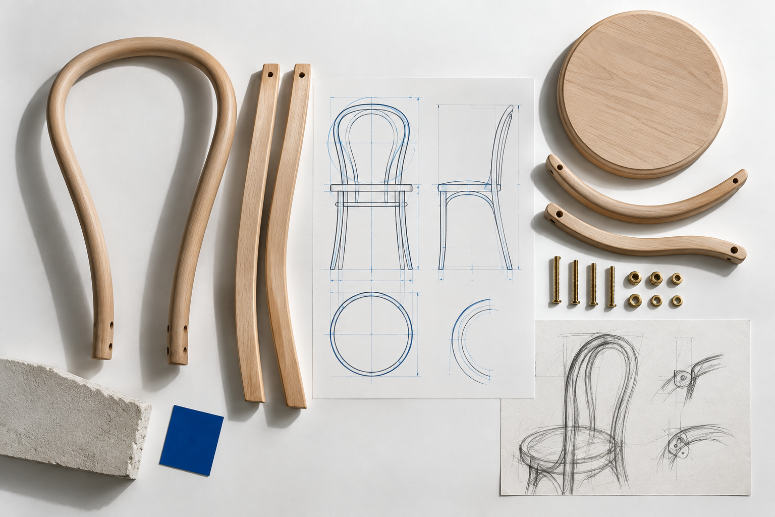 Bentwood chair parts, screws and nuts from the Thonet No. 14 laid out on a studio table