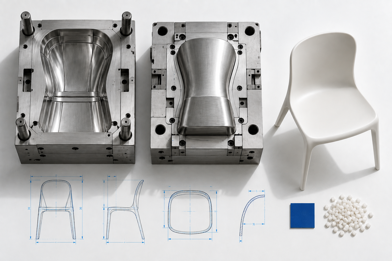 Injection-molding tool beside a freshly molded plastic part, showing the fixed cost of tooling