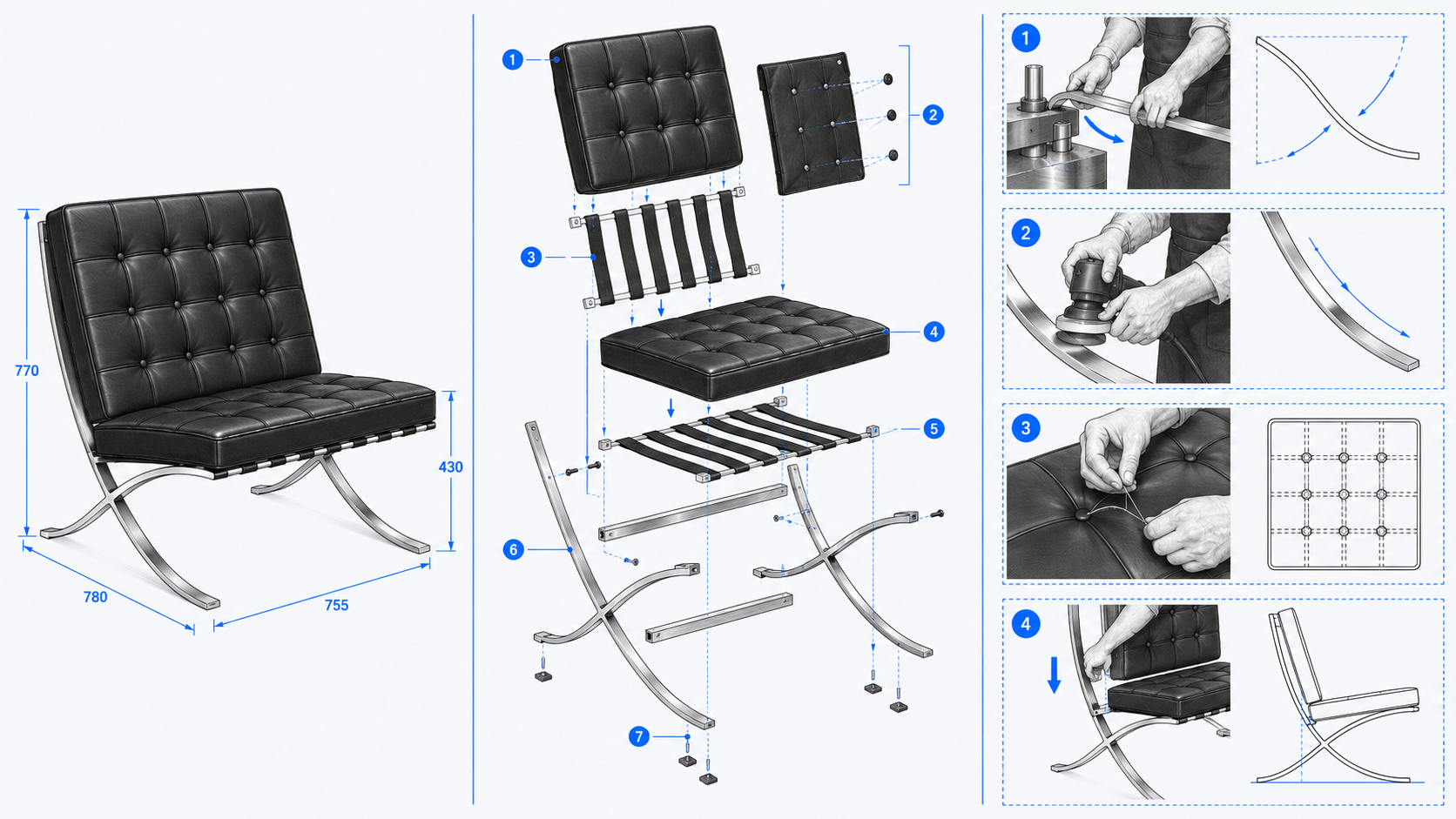 The Barcelona Chair's crossed steel frame during production, a study in form versus manufacturing method